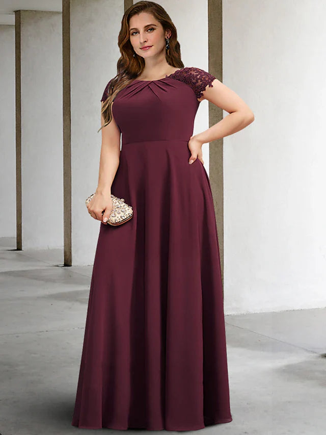 Wholesale A-Line Plus Size Curve Mother of the Bride Dresses Elegant Dress Formal Floor Length Short Sleeve Jewel Neck Chiffon with Pleats Appliques